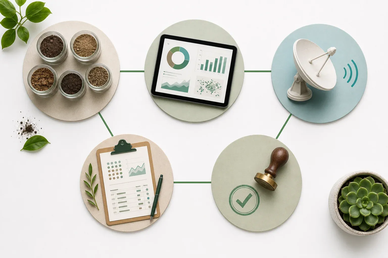 Diagram showing five interconnected components of an MRV framework including soil testing, field monitoring, digital data capture, reporting, and third-party verification