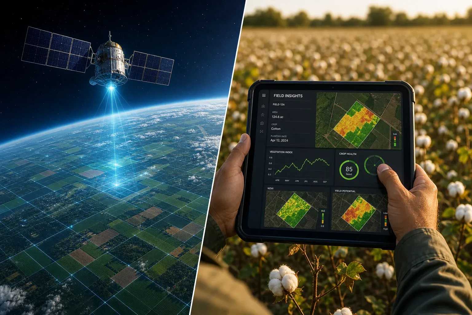 Split image showing satellite remote sensing of cotton fields on one side and a field agent collecting data on a tablet in a cotton field on the other