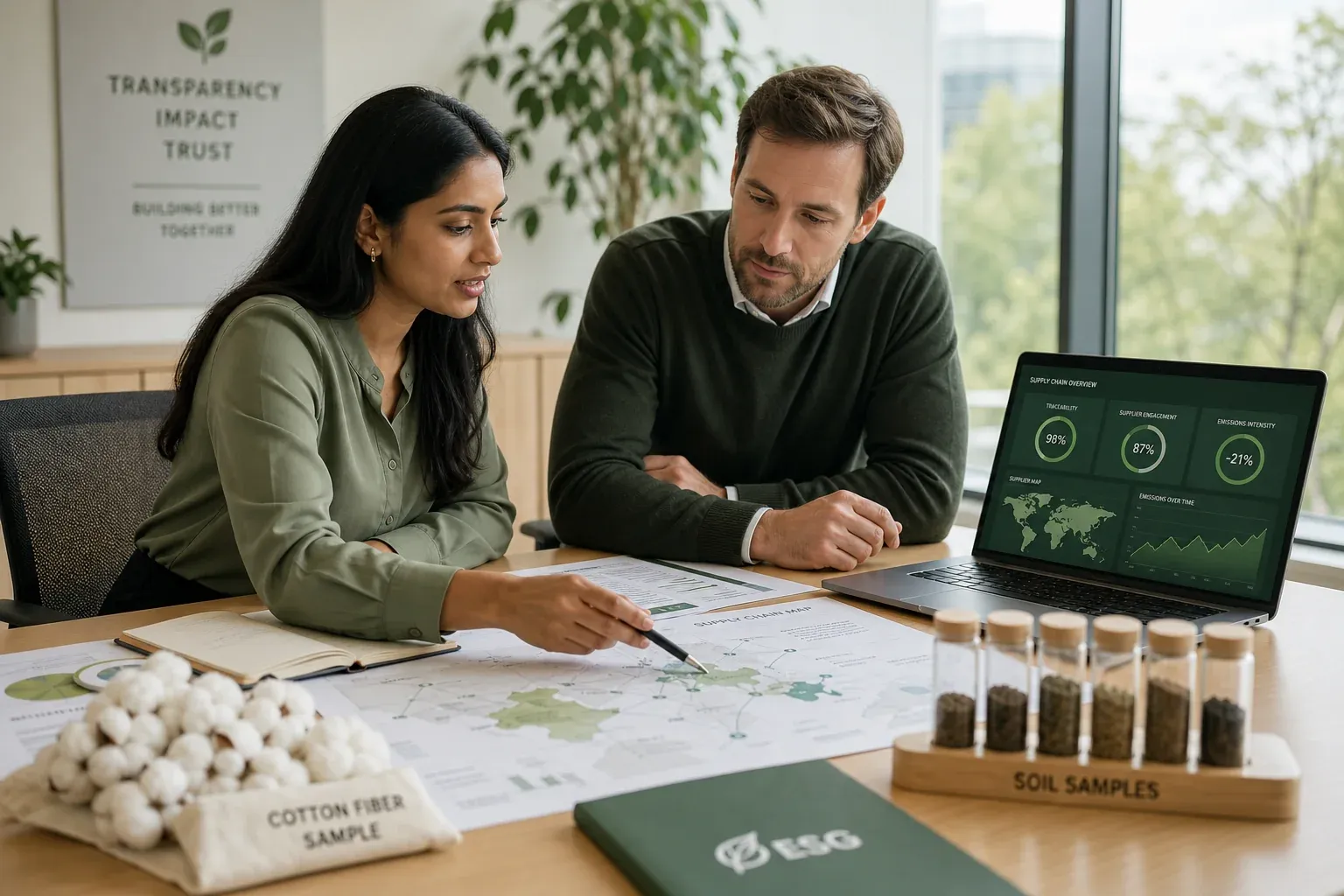 Brand sustainability team reviewing cotton supply chain documentation and data dashboards in a modern office with cotton fiber samples on the table