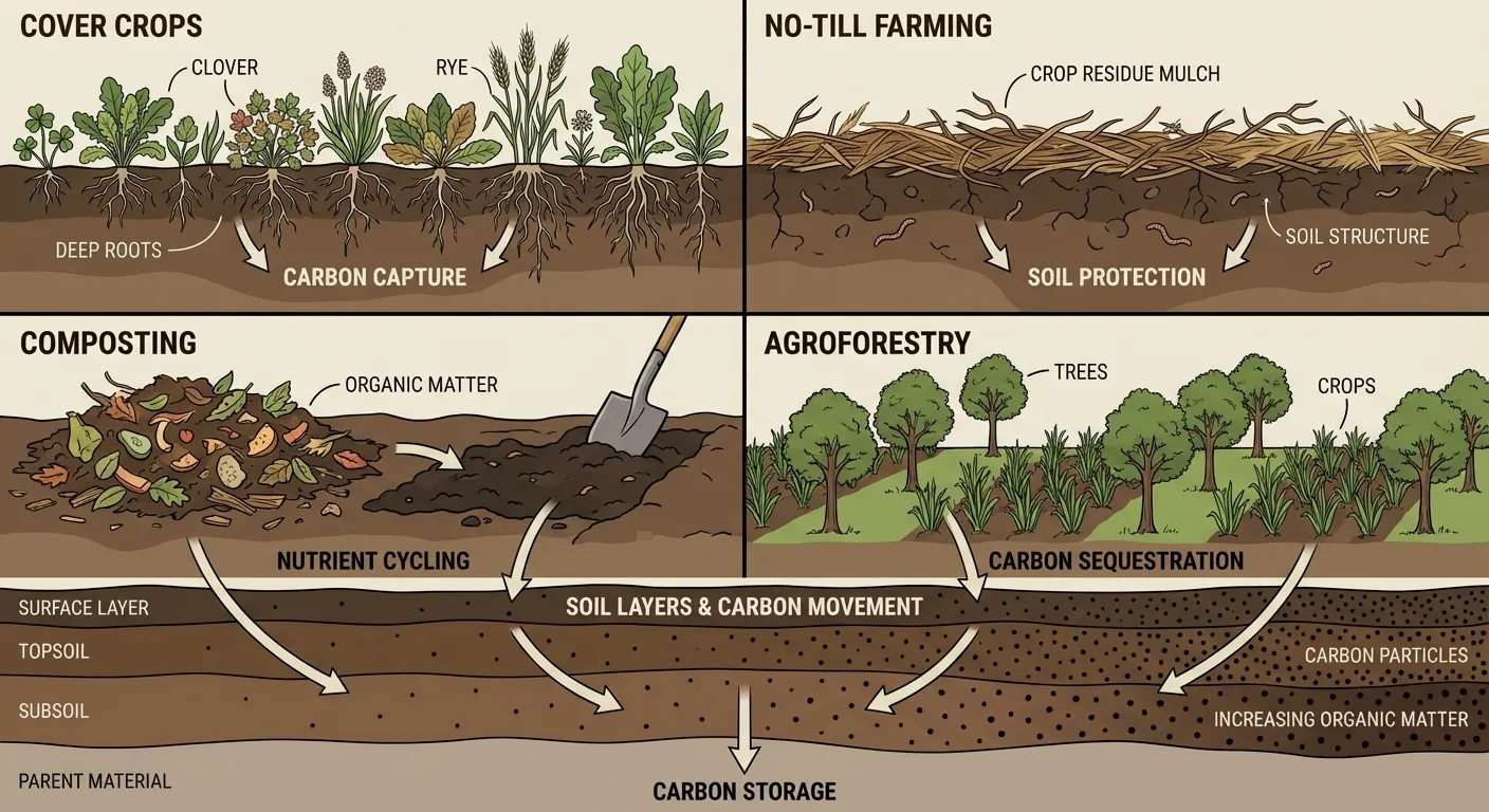 Carbon sequestration methodologies showing cover crops, no-till farming, and regenerative practices