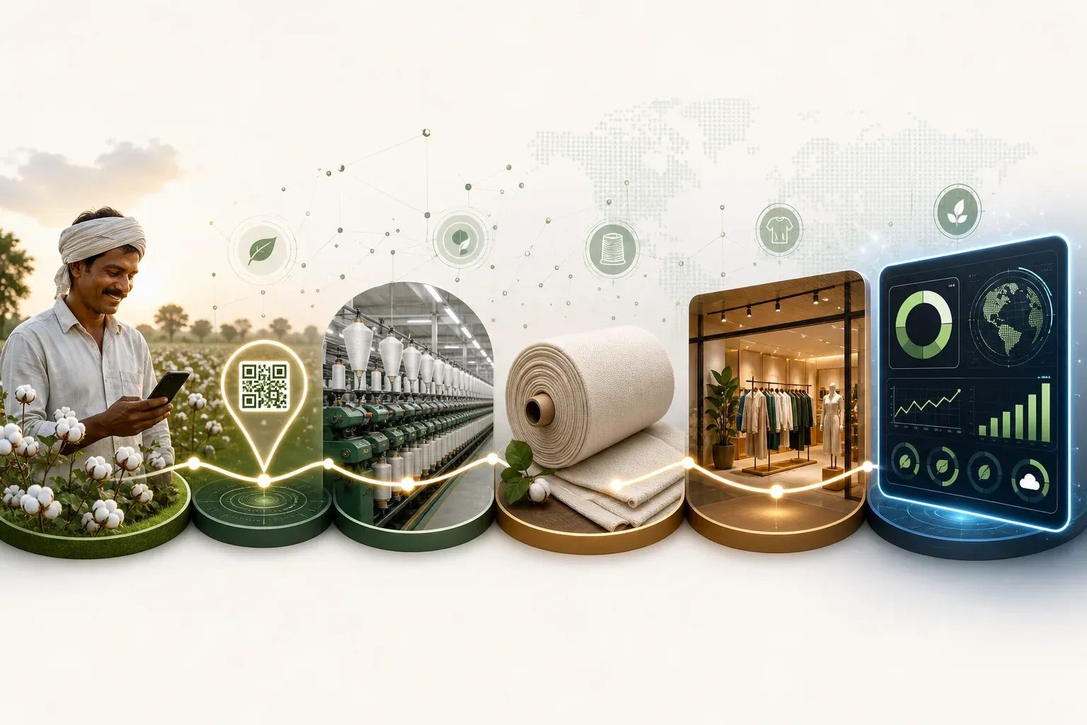 Digital supply chain traceability system connecting Indian cotton farms to fashion brand ESG reporting dashboards