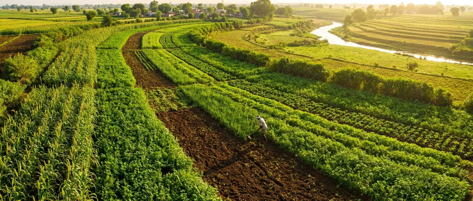 regenerative consulting aerial view of healthy farmland in India with diverse crops and rich soil