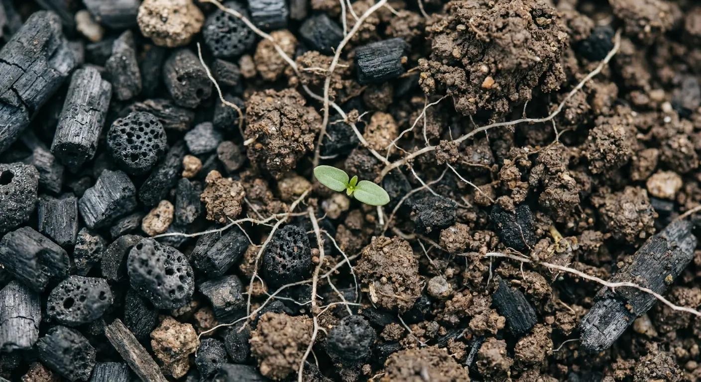 biochar applications in regenerative consulting showing dark biochar mixed with fertile soil and healthy plant roots