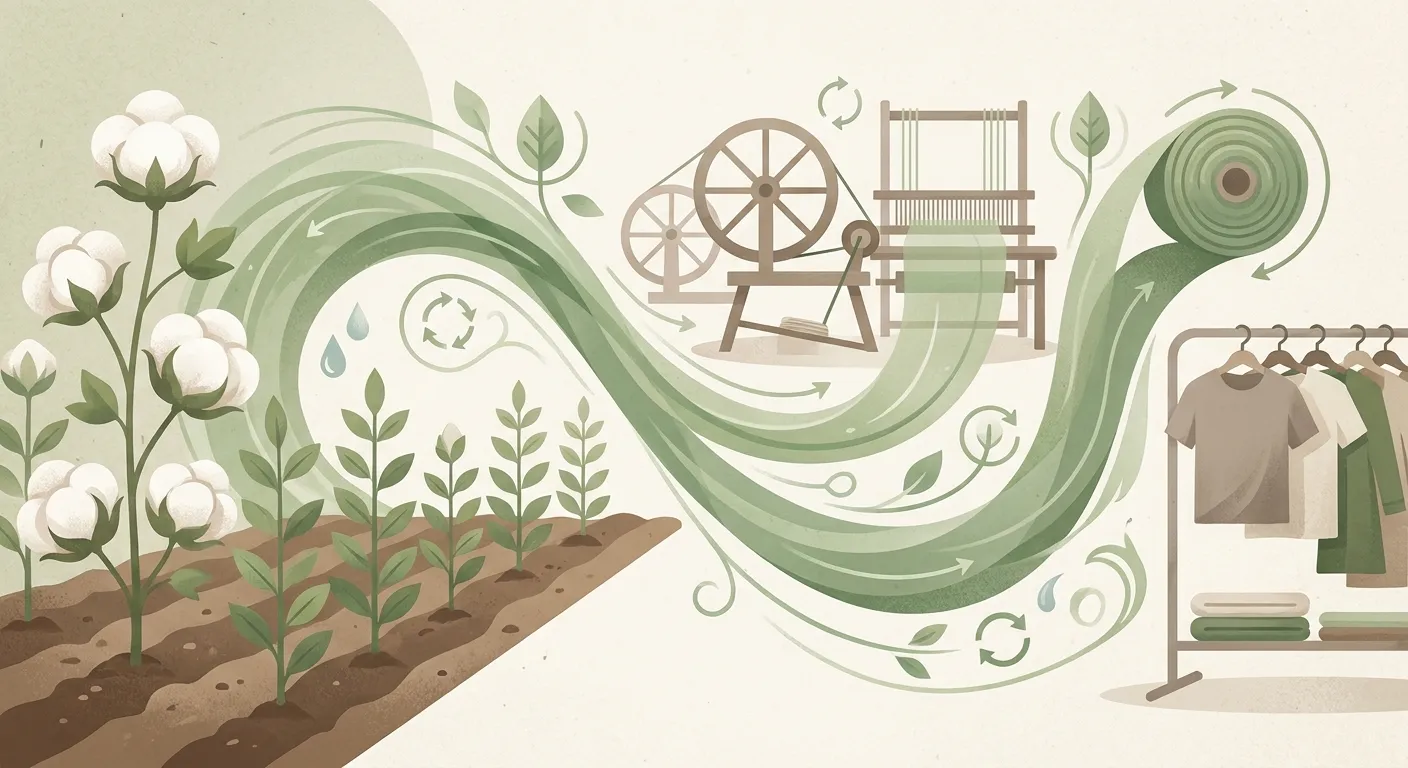regenerative consulting textile supply chain showing cotton fields connected to fabric mills and sustainable fashion brands