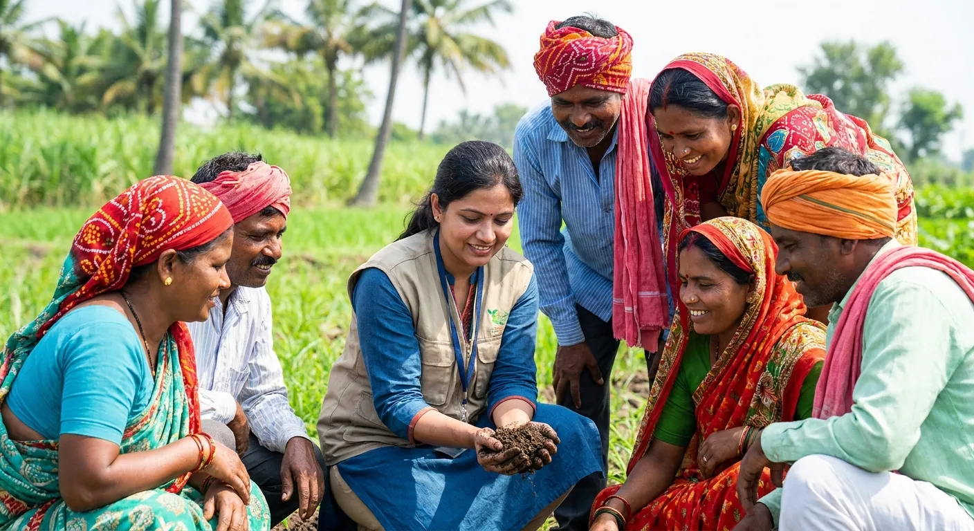 regenerative consulting farmer training session with consultant demonstrating soil testing techniques in a green field in India