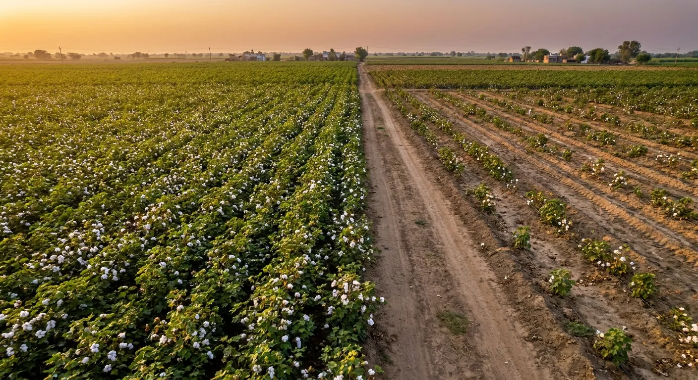 yield optimization through high-density cotton planting in India showing dense cotton rows with white bolls