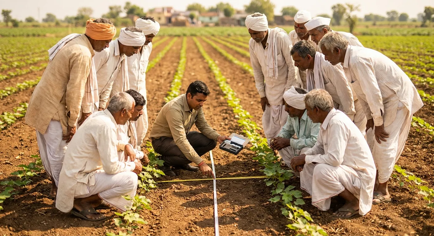 Indian farmers receiving HDPS training in cotton field with agronomist demonstrating high-density planting techniques