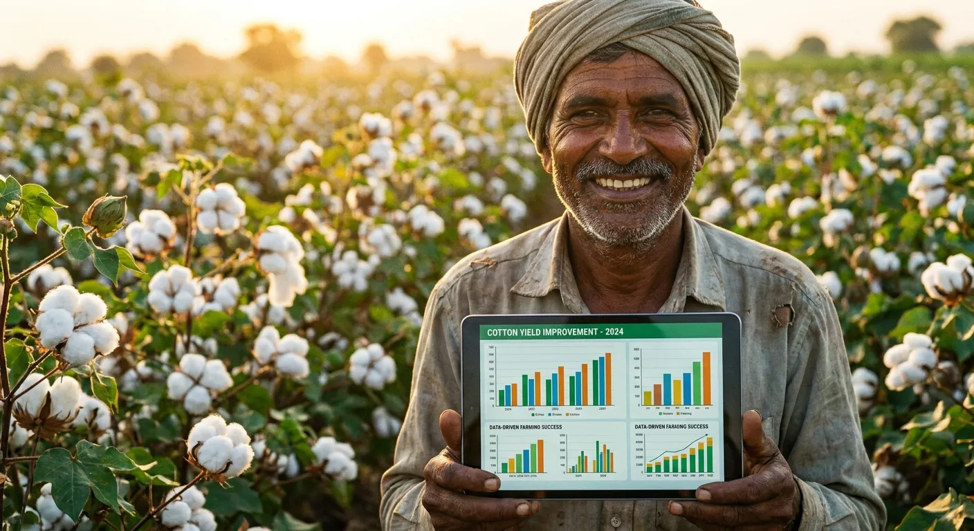 Indian farmer holding tablet showing yield optimization data in a thriving high-density cotton field
