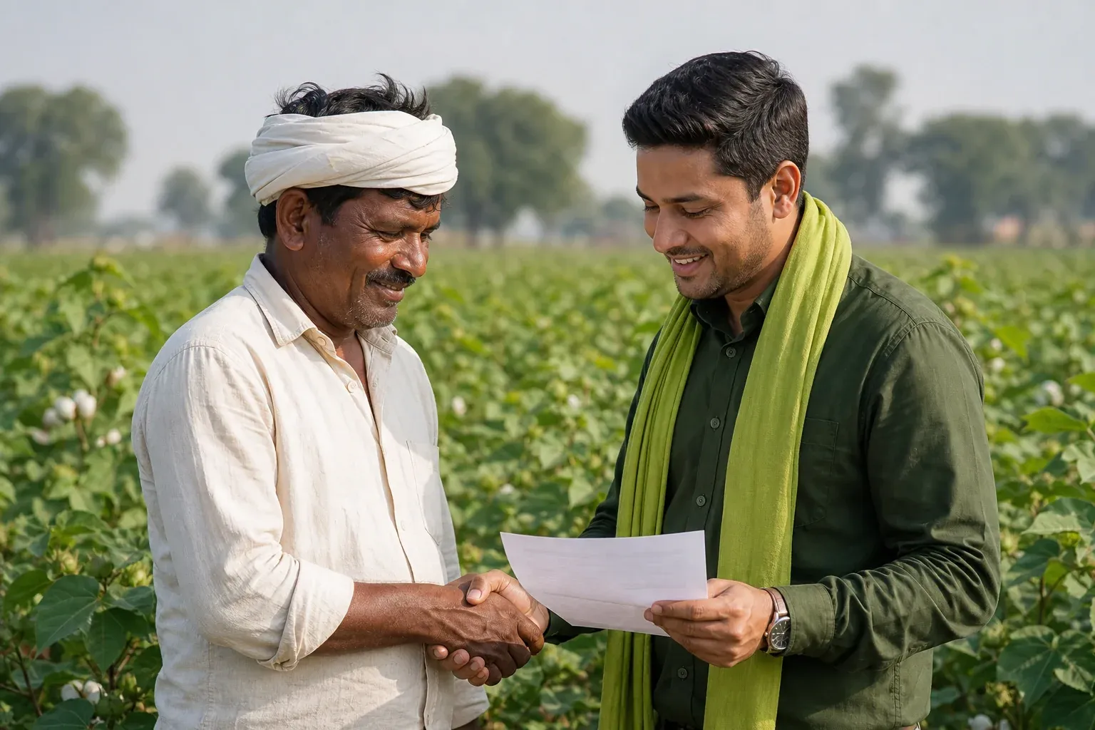 photorealistic photo of an Indian cotton farmer and a textile brand representative standing together in a green cotton field in Madhya Pradesh, both looking at a paper agreement, warm natural daylight, genuine handshake moment, deep green