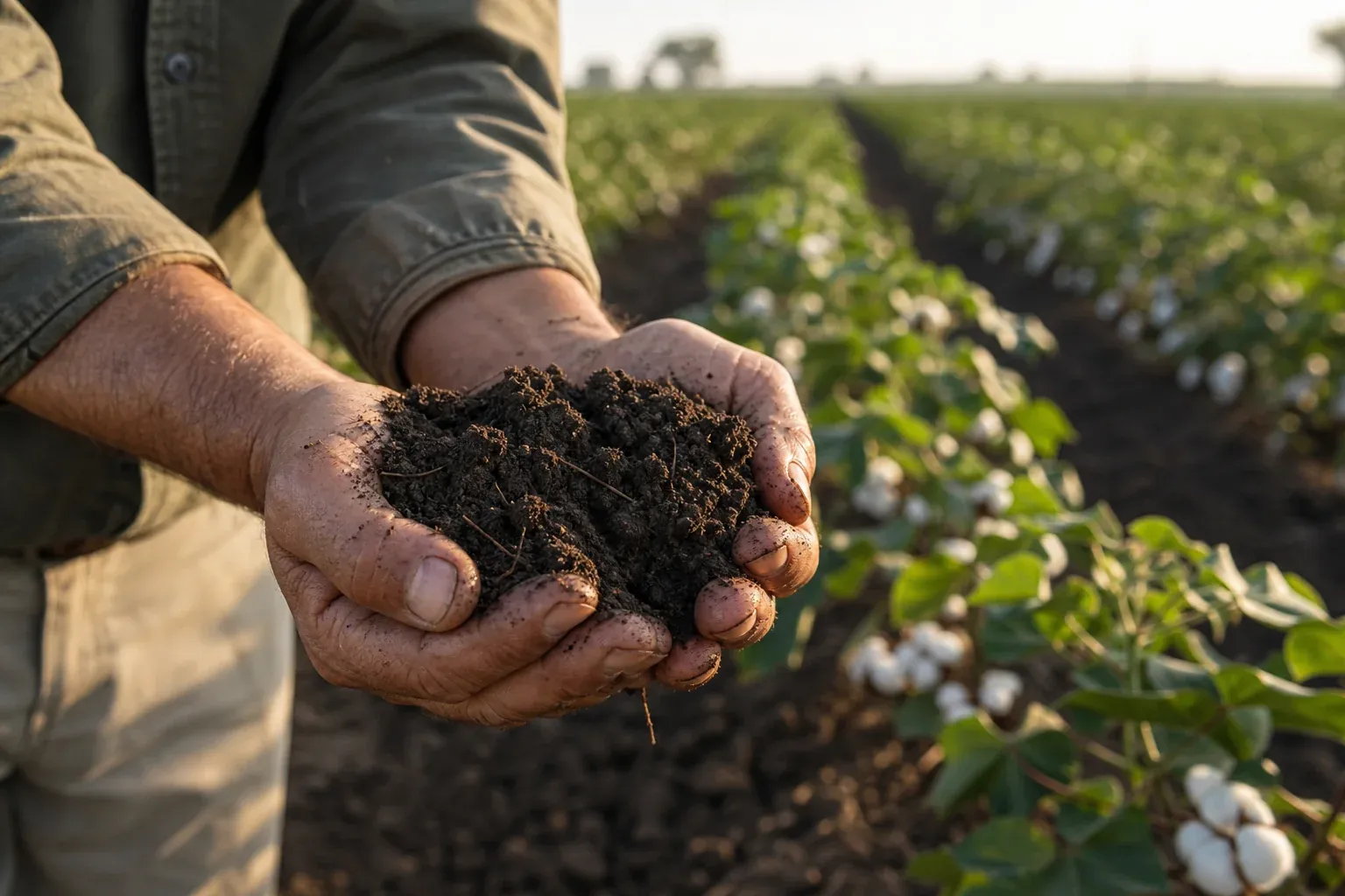 Close-up of hands testing soil health in a cotton field, showing dark rich regenerated soil. photorealistic close-up photo of farmer's hands holding dark, crumbly, healthy soil above a cotton field row, morning light, visible soil texture