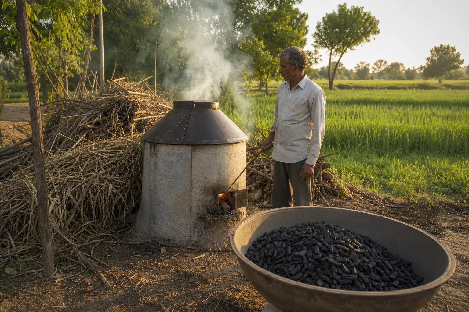 Biochar kiln operating at a rural farm site producing biochar for carbon insetting. photorealistic photo of a small-scale biochar production kiln in a rural Indian farm setting, smoke rising gently, farmer standing nearby monitoring the