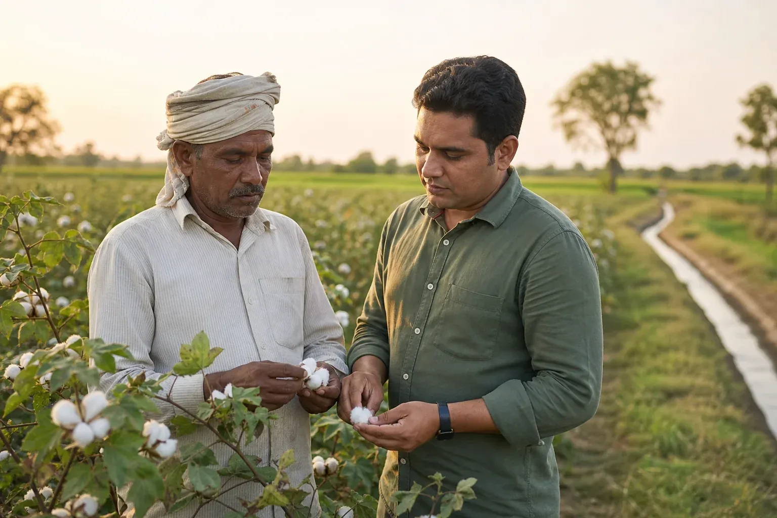 Cotton farmer and supply chain worker inspecting cotton bales in India, representing regenerative cotton supply chain implementation. photorealistic photograph of an Indian cotton farmer and a textile supply chain auditor standing together