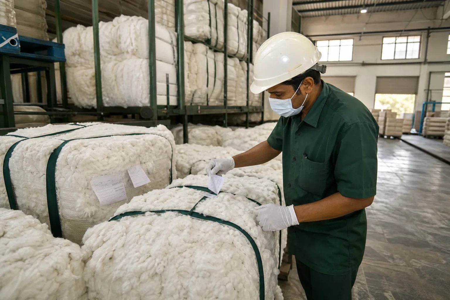 Textile mill worker handling raw cotton bales for a pilot program. photorealistic photograph inside a mid-sized Indian textile mill, a worker in safety gear sorting labeled cotton bales on a warehouse floor, industrial shelving and natural