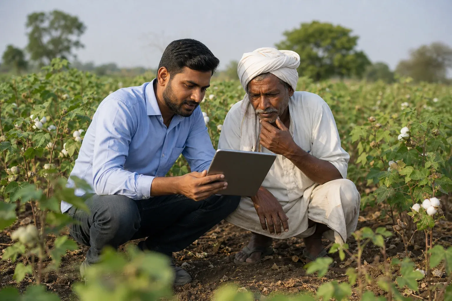 Field officer collecting soil and farm data with a smallholder cotton farmer using a tablet. photorealistic photograph of a field agronomist crouched in a cotton field with a smallholder farmer in rural Madhya Pradesh, both looking at a