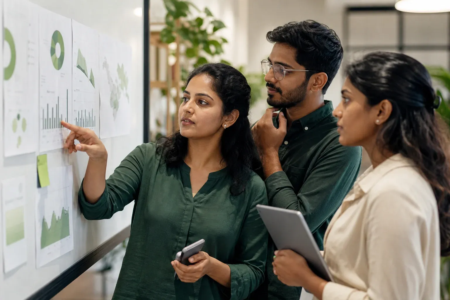 Sustainability team reviewing supply chain KPI charts in an office setting. photorealistic photograph of a small sustainability team in a bright office reviewing printed charts and a laptop showing supply chain data, diverse professionals