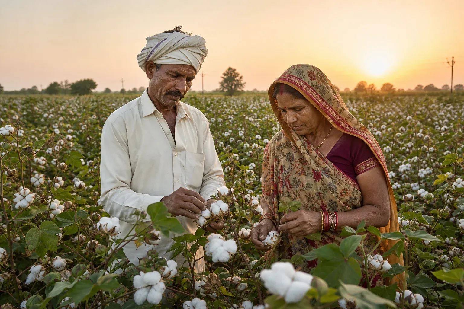 Cotton farmers in India tending to a blooming cotton field at golden hour, representing traceable regenerative cotton supply chains for fashion brands