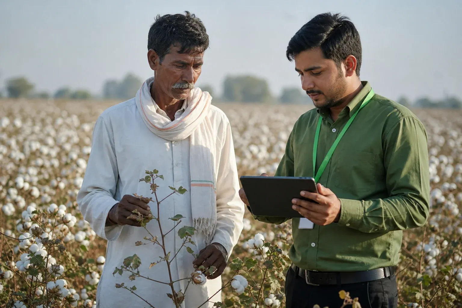 A cotton farmer and field data collector recording harvest details on a tablet in a cotton field in India. Photorealistic photo of an Indian cotton farmer standing in a sunlit cotton field with white cotton bolls visible, working alongside