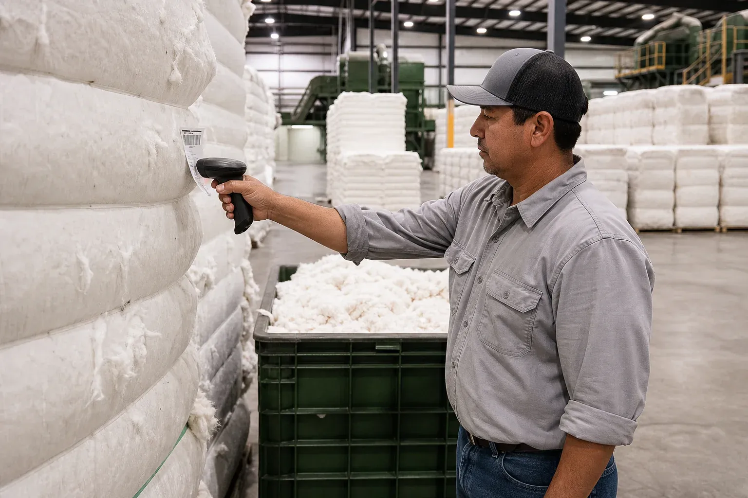 A warehouse or ginning facility worker scanning labeled cotton bales for batch tracking. Photorealistic photo of a cotton ginning facility interior with stacked labeled cotton bales, a worker scanning a barcode tag on a bale with a handheld