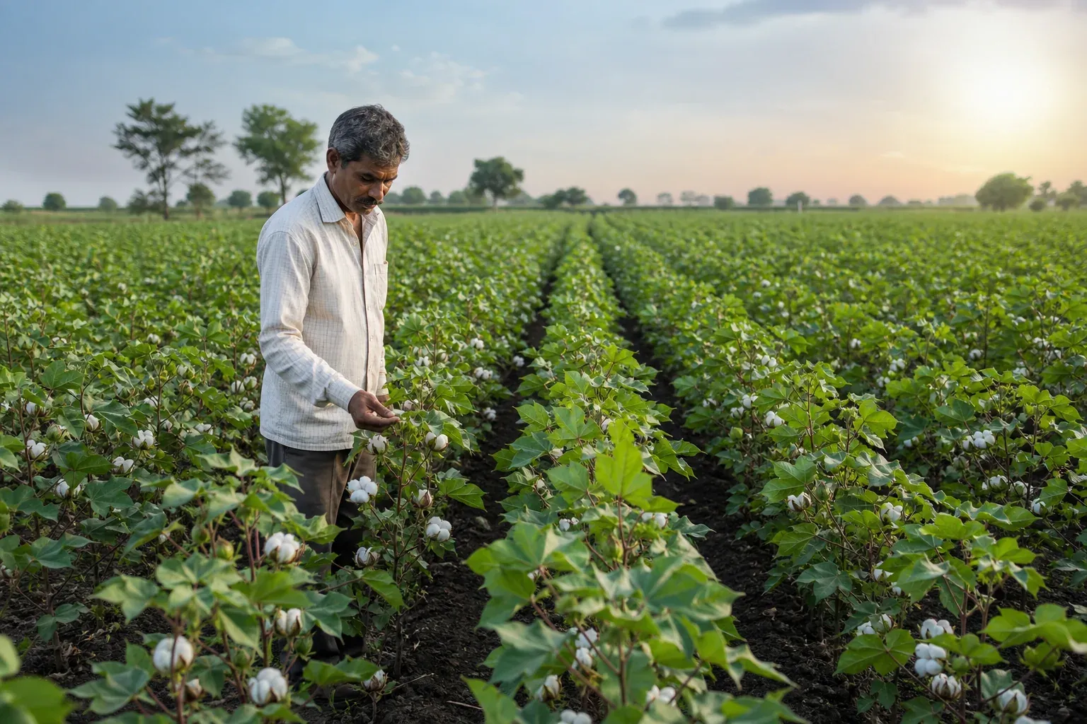 An aerial or wide shot of a regenerative cotton farm landscape in Madhya Pradesh with visible farm plots and a farmer walking through rows. Photorealistic wide-angle photo of a regenerative cotton farm landscape in Madhya Pradesh, India