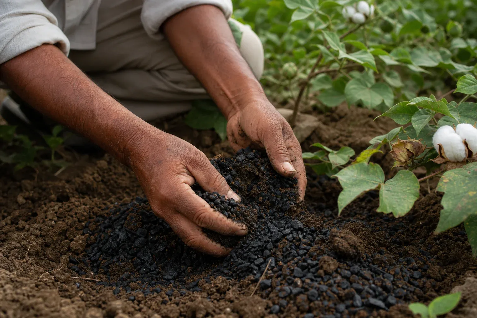 Close-up photo of dark, porous biochar being mixed into rich cotton field soil by hand, showing texture contrast. Photorealistic close-up photograph of a farmer's hands mixing dark, porous black biochar granules into rich brown soil in a