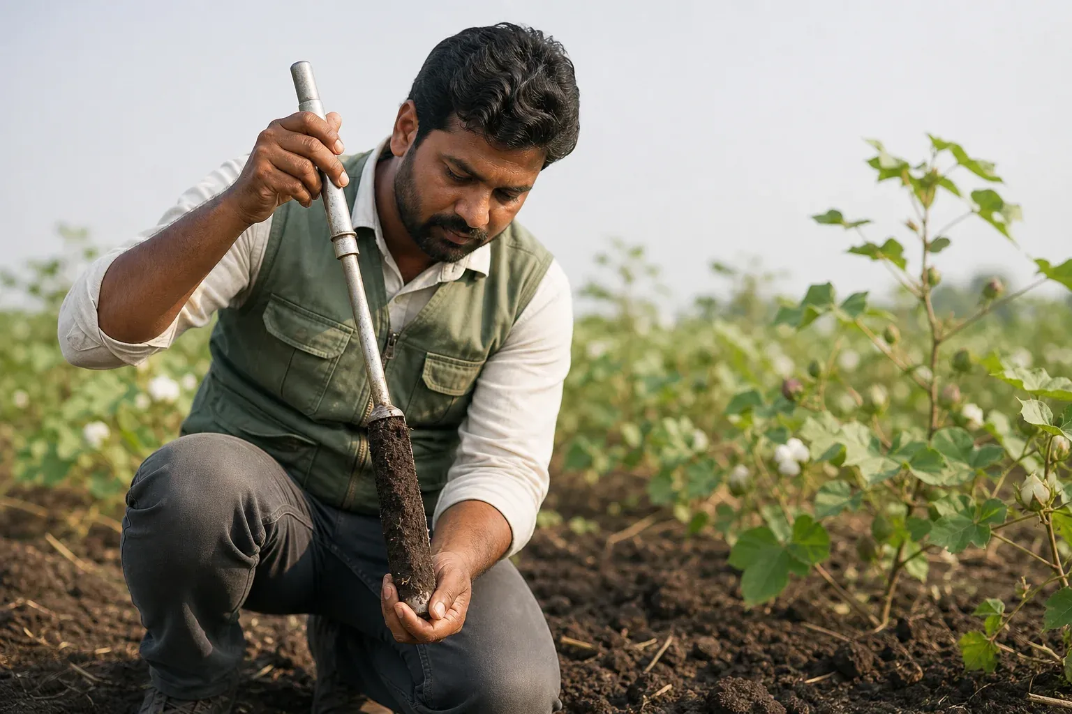 Photo of a researcher or agronomist taking a soil core sample in a cotton field to measure soil organic carbon over time. Photorealistic photograph of an agronomist in a green field vest kneeling in a cotton field in Madhya Pradesh, India