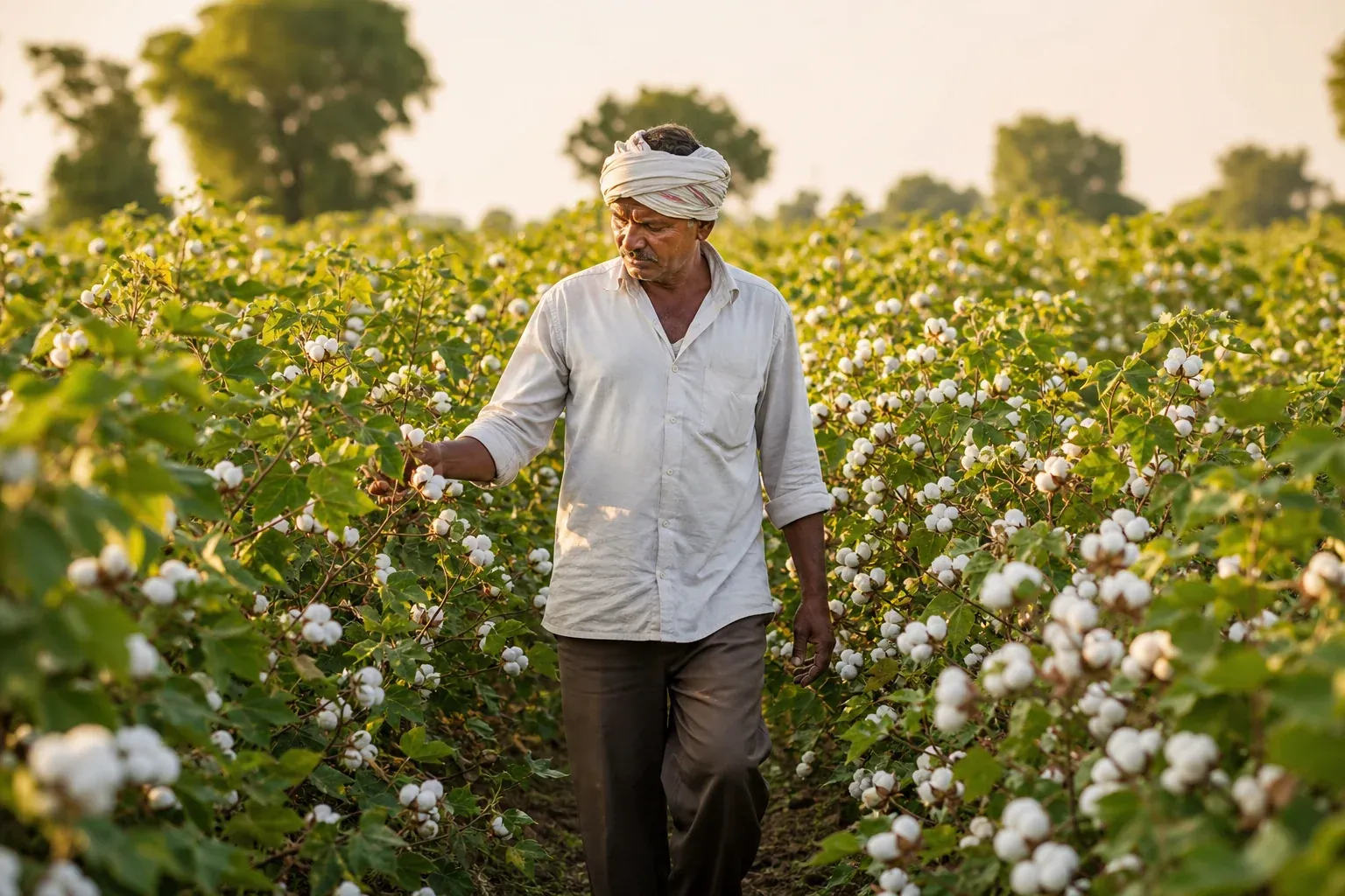 Photo of a thriving, healthy cotton field in its second or third season after biochar application, showing dense growth and vigor. Photorealistic wide-angle photograph of a lush, healthy cotton field in full bloom during harvest season in