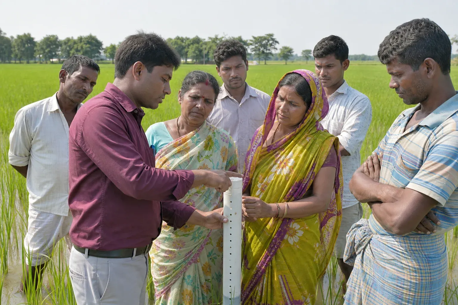 Group training session showing farmers learning AWD water tube installation. Photorealistic photo of a small group of rice farmers, including women farmers, gathered around a perforated field water tube demonstration in a paddy field in