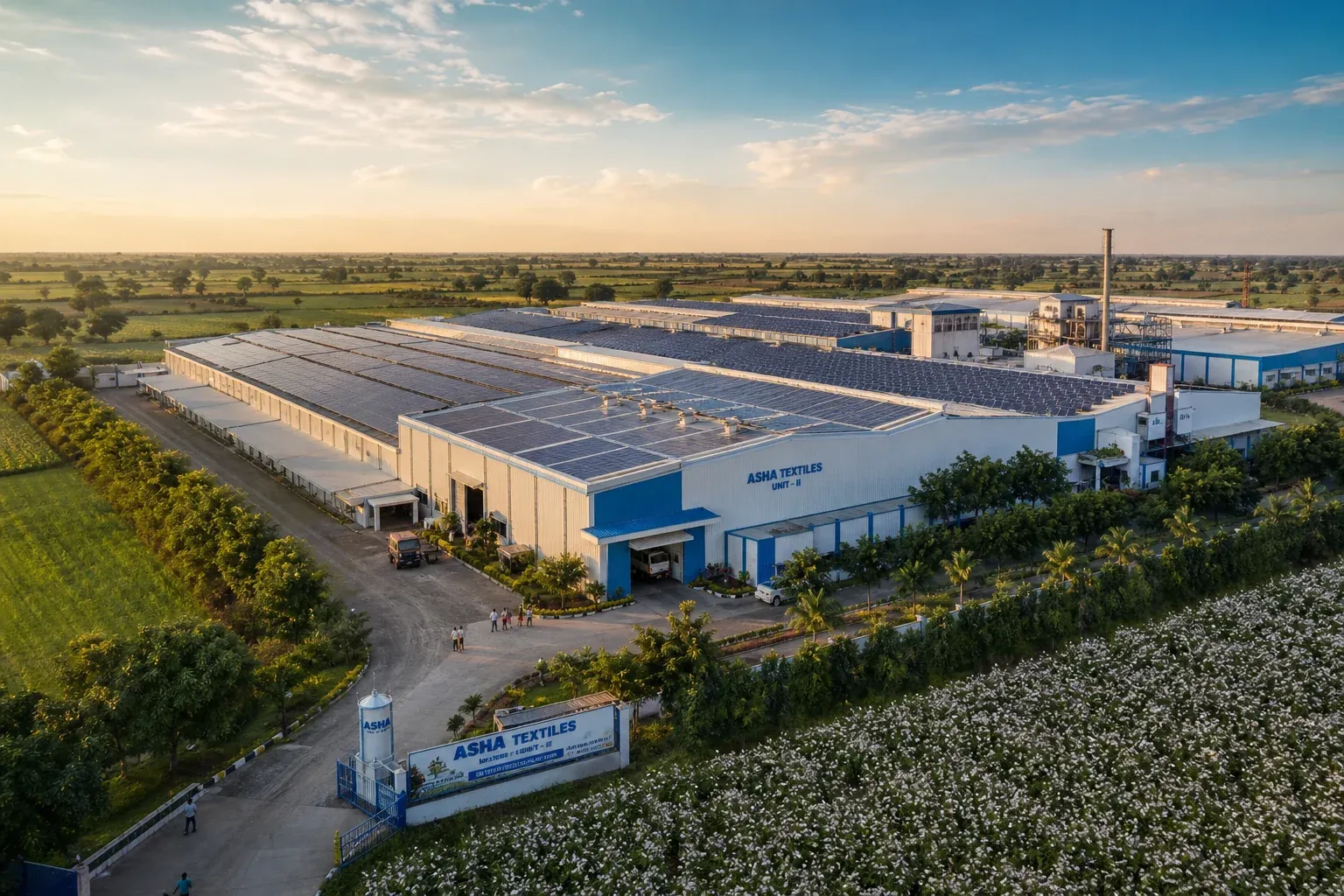Aerial view of a sustainable textile manufacturing facility in India with solar panels and surrounding cotton fields
