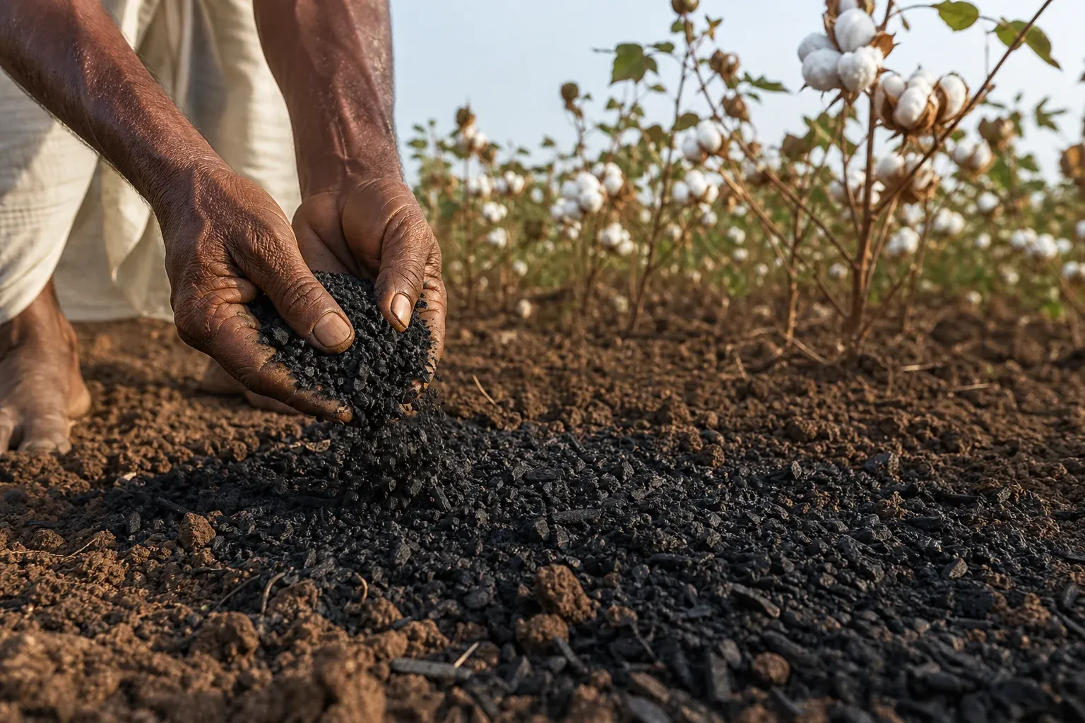 Farmer applying biochar to cotton farmland soil in India as part of a carbon insetting program