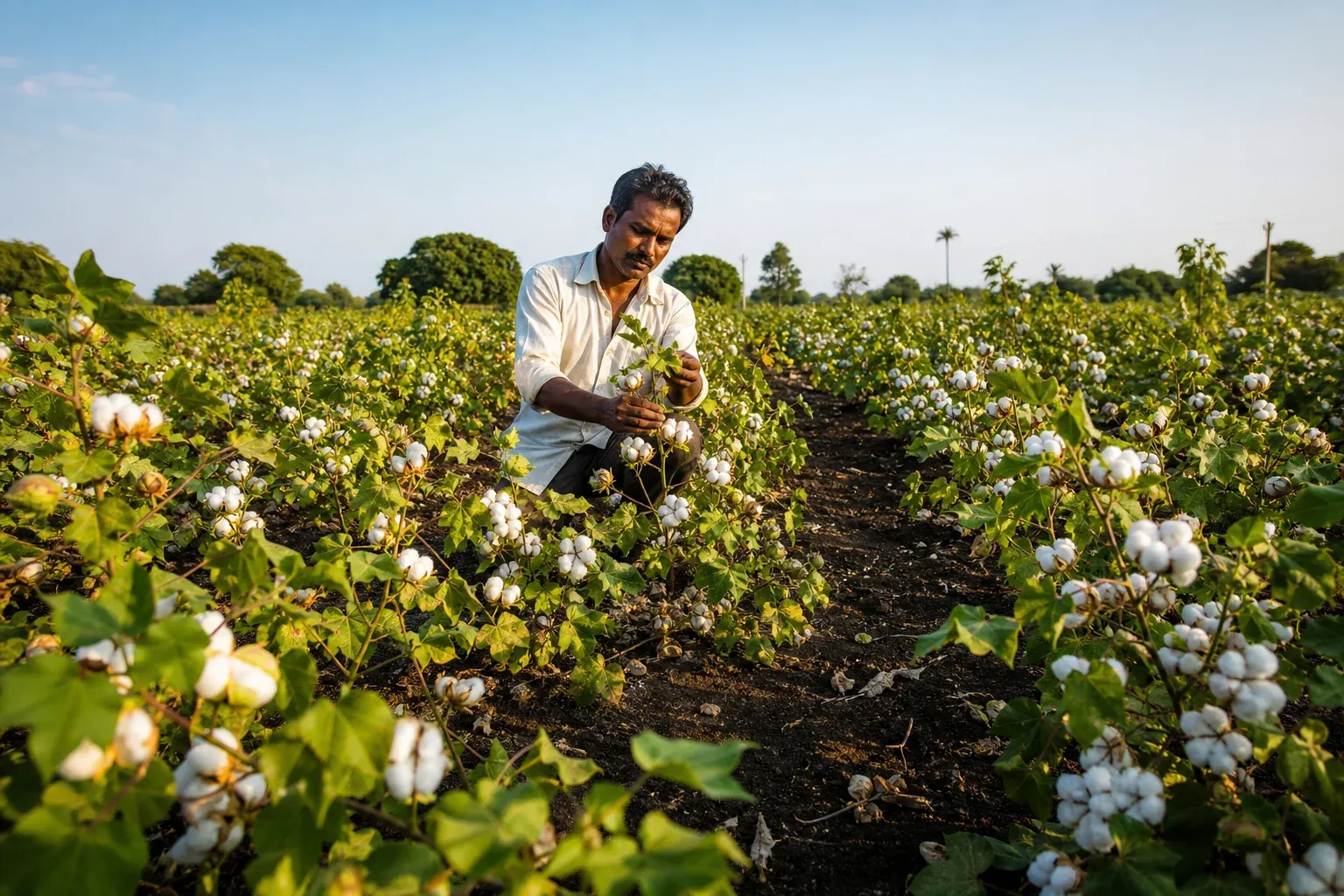 Regenerative cotton field in India with healthy white bolls and rich dark soil, smallholder farmer inspecting plants