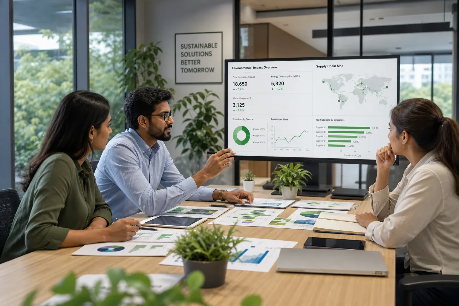 Sustainability professionals reviewing supply chain data and net zero roadmap milestones on a monitor in a modern office