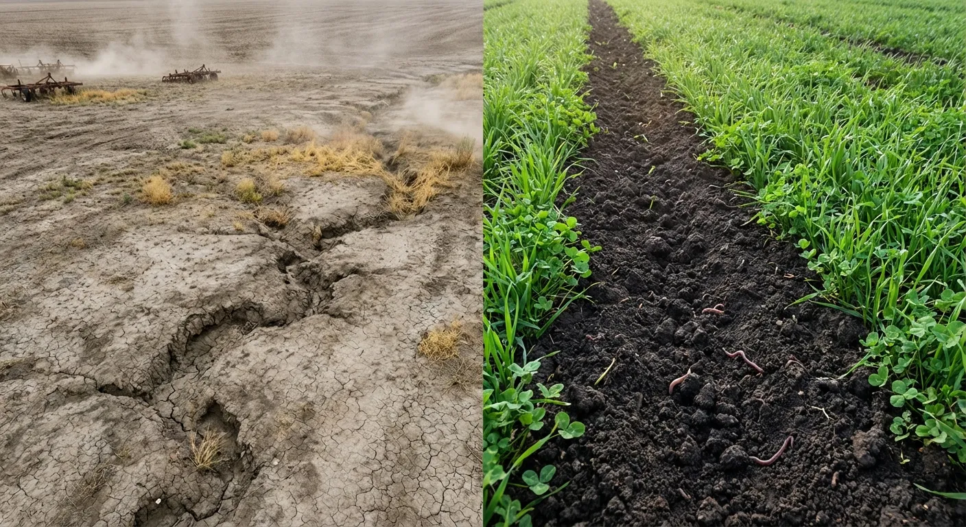 Soil degradation comparison showing eroded land versus healthy regenerative agriculture soil