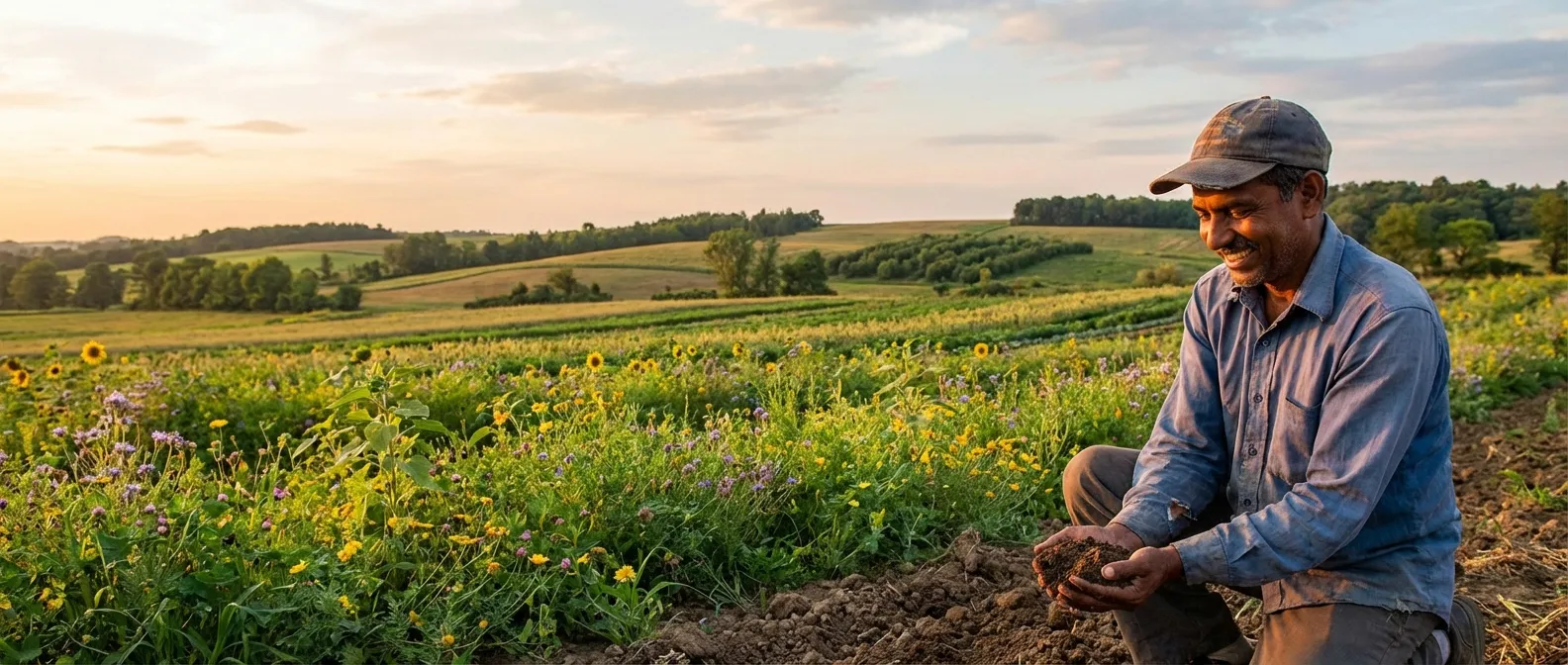 Farmer implementing regenerative agriculture practices with healthy soil and diverse cover crops
