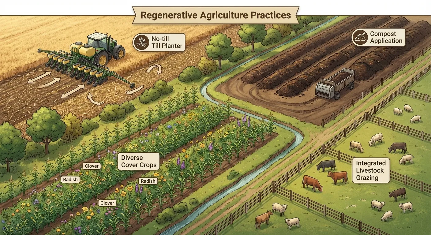 Regenerative farming practices including cover crops, no-till methods, and diverse crop rotation