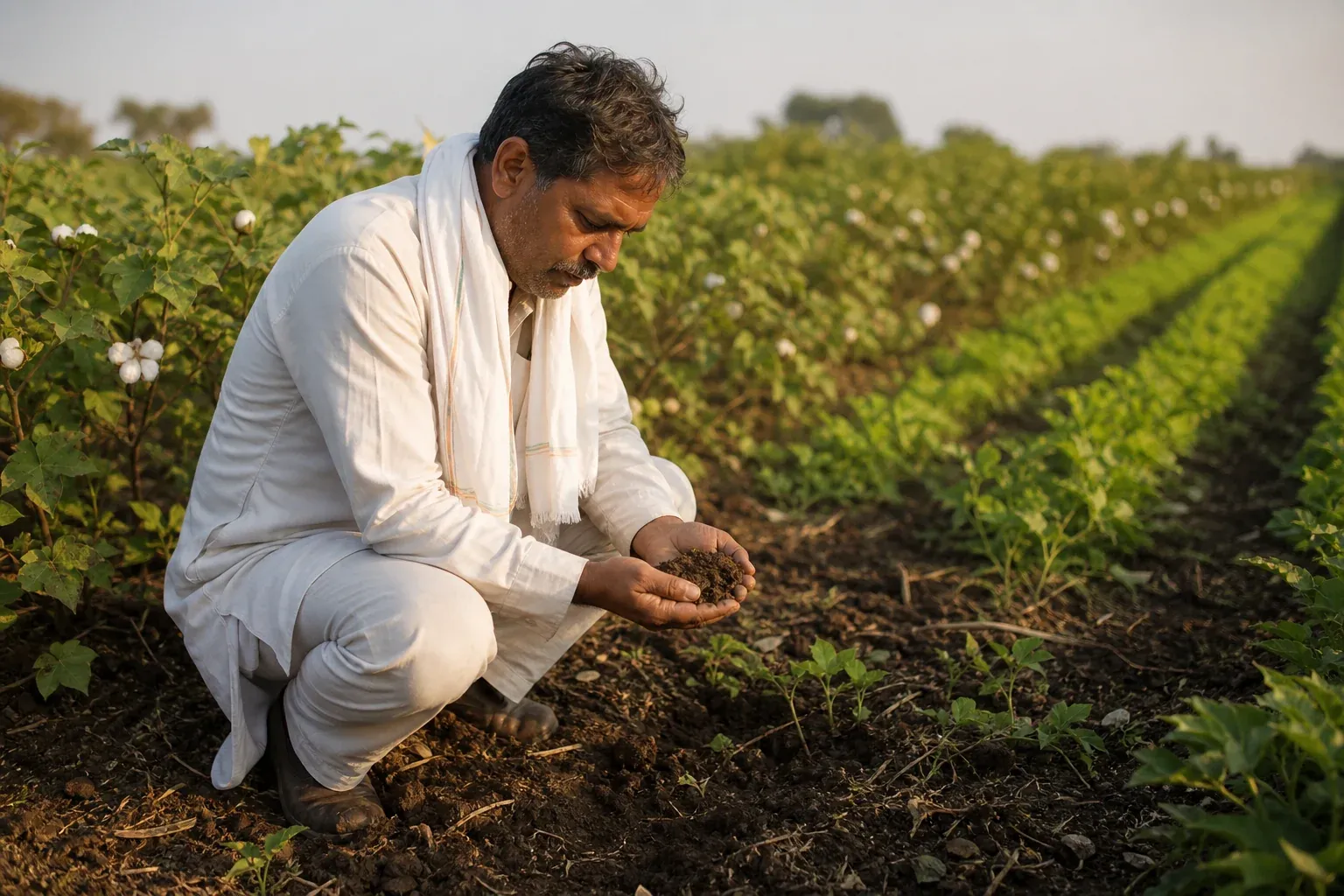 Farmer field with visible root systems and healthy soil, symbolizing carbon capture. Photorealistic wide shot of a cotton field in Madhya Pradesh, India, at golden morning light, with a farmer in traditional cotton clothing kneeling to