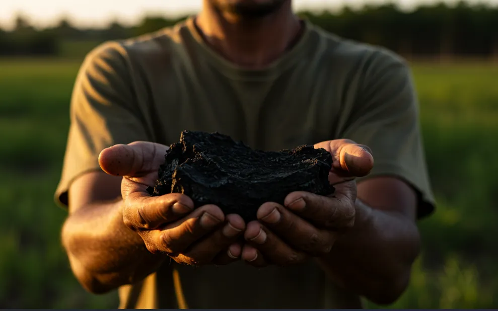 Biochar production process showing kiln and dark biochar material. Photorealistic close-up photograph of dark, charcoal-black biochar granules held in cupped hands over a small-scale pyrolysis kiln in a rural Indian farm setting, soft