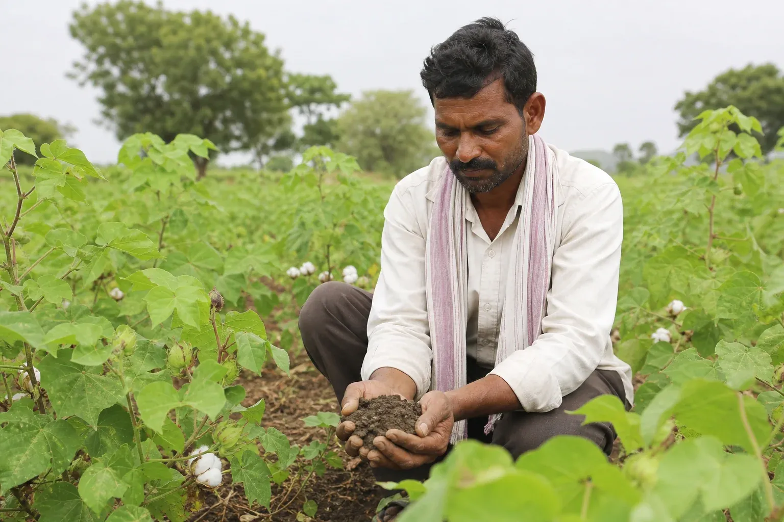 Indian smallholder farmer inspecting healthy cotton crop soil by hand in a green field. photorealistic photo of a smallholder farmer in rural Madhya Pradesh, India, crouching in a cotton field, holding a handful of dark healthy soil, green