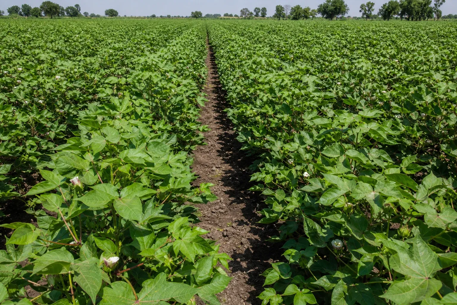 Rows of densely planted cotton crop under high-density planting system. photorealistic photo of a cotton field in Maharashtra, India, showing narrow-row high-density planting with closely spaced cotton plants in straight lines, midday sun