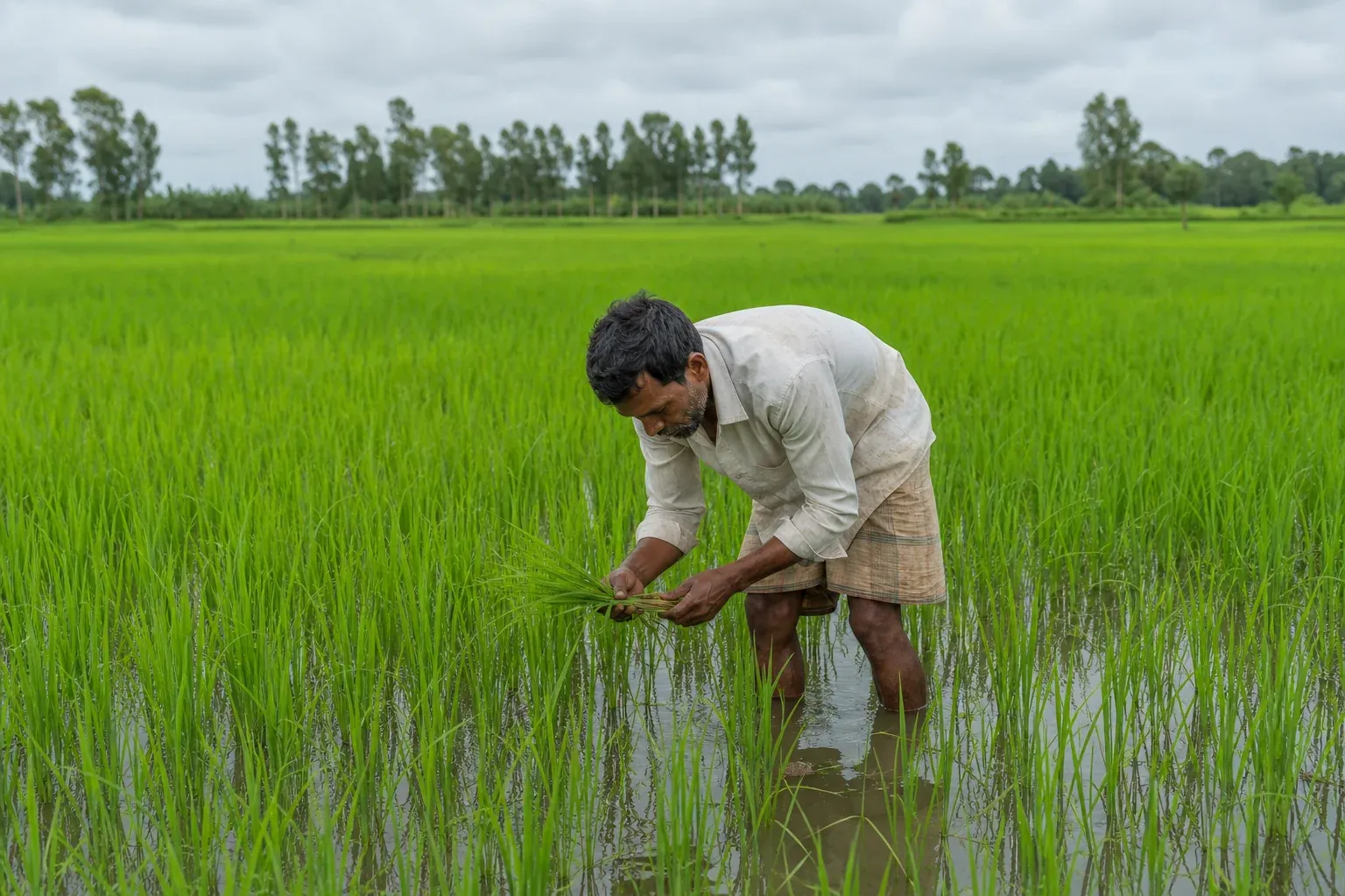 Rice paddy field in Bangladesh representing new pilot interventions. photorealistic photo of a lush green rice paddy field in Khulna, Bangladesh, with a farmer standing ankle-deep in water checking crop growth, soft overcast lighting, vivid