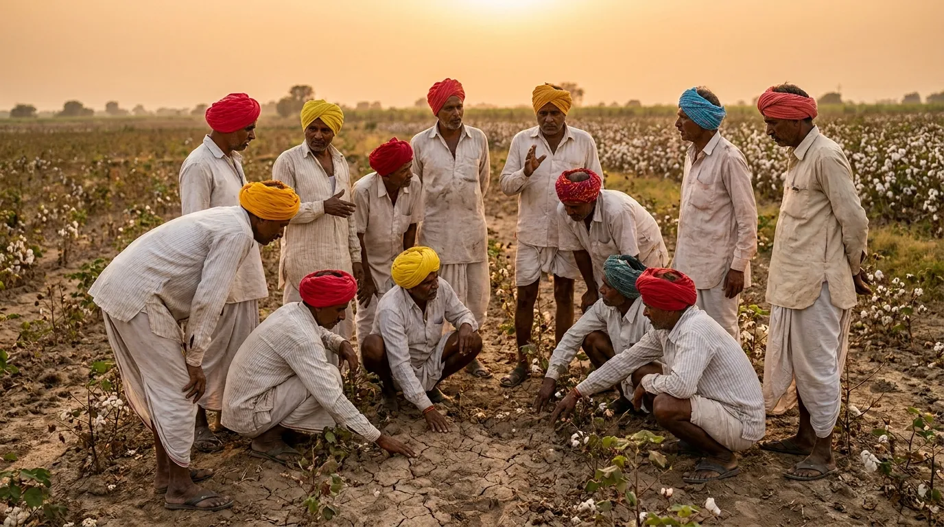 Indian farmers collaborating in cotton field examining degraded soil quality