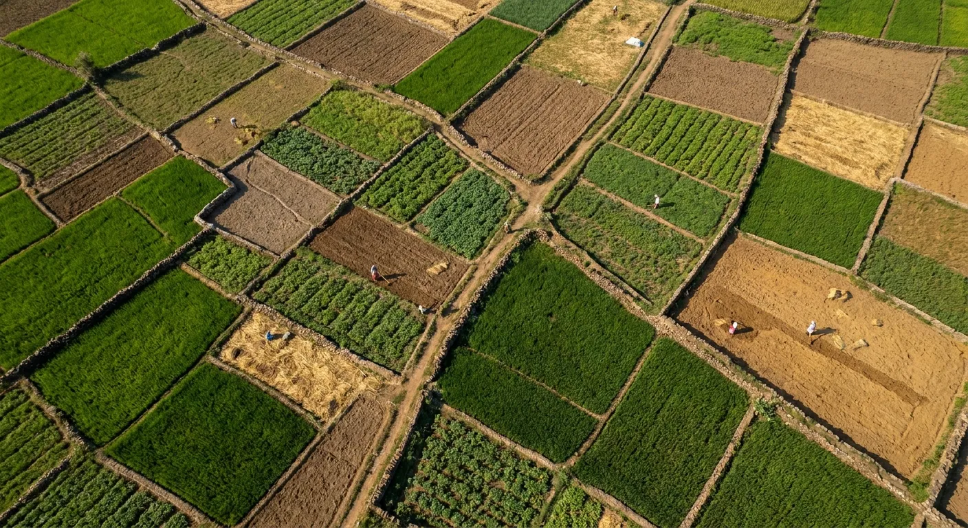 Aerial view of fragmented agricultural plots in India showing isolated farming practices