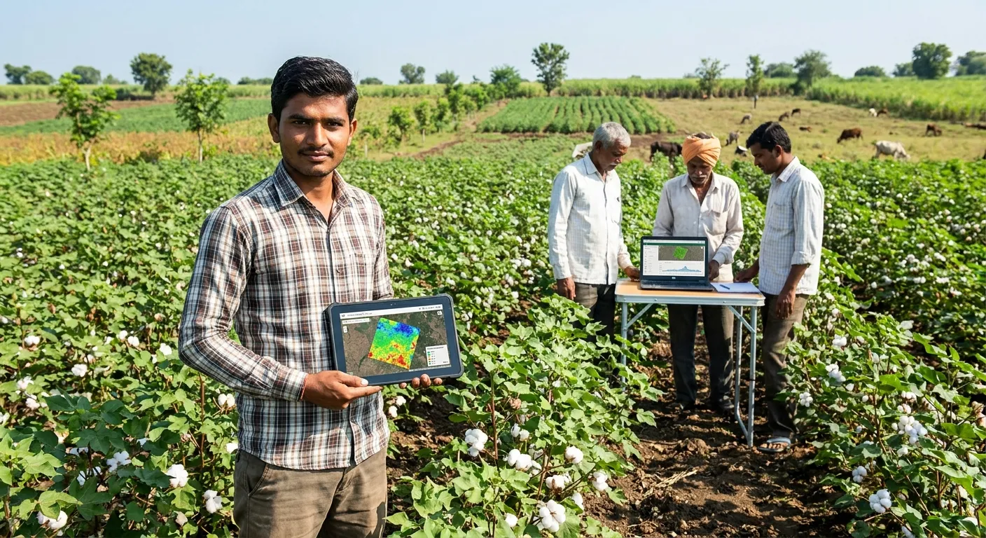 Indian farmer using smartphone in healthy regenerative cotton field with collaborative farming technology