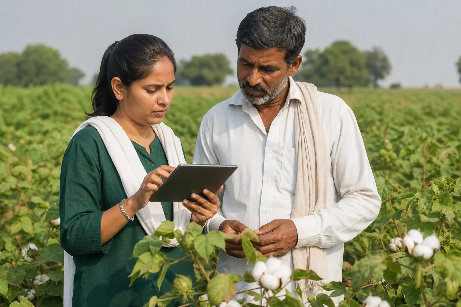 Sustainability auditor reviewing soil health data on a tablet in a field with a farmer. photorealistic photo of a sustainability auditor and a smallholder farmer standing in a cotton field reviewing soil health data together on a tablet