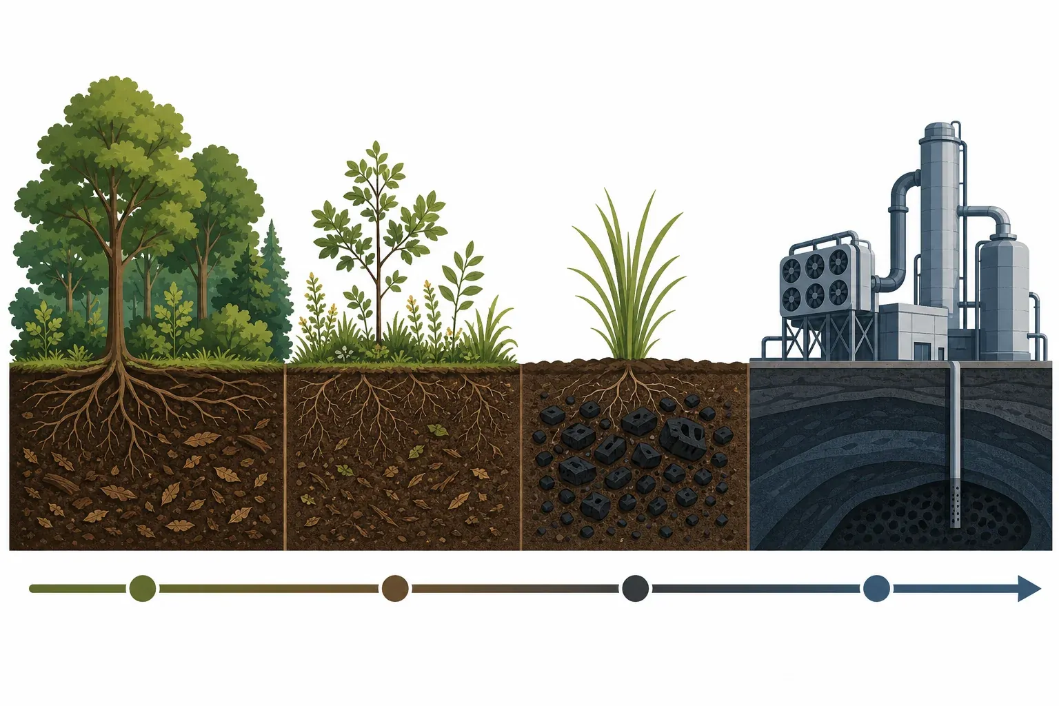 Comparison illustration of carbon removal pathways from short-lived reforestation and soil carbon to long-lived biochar and engineered direct air capture