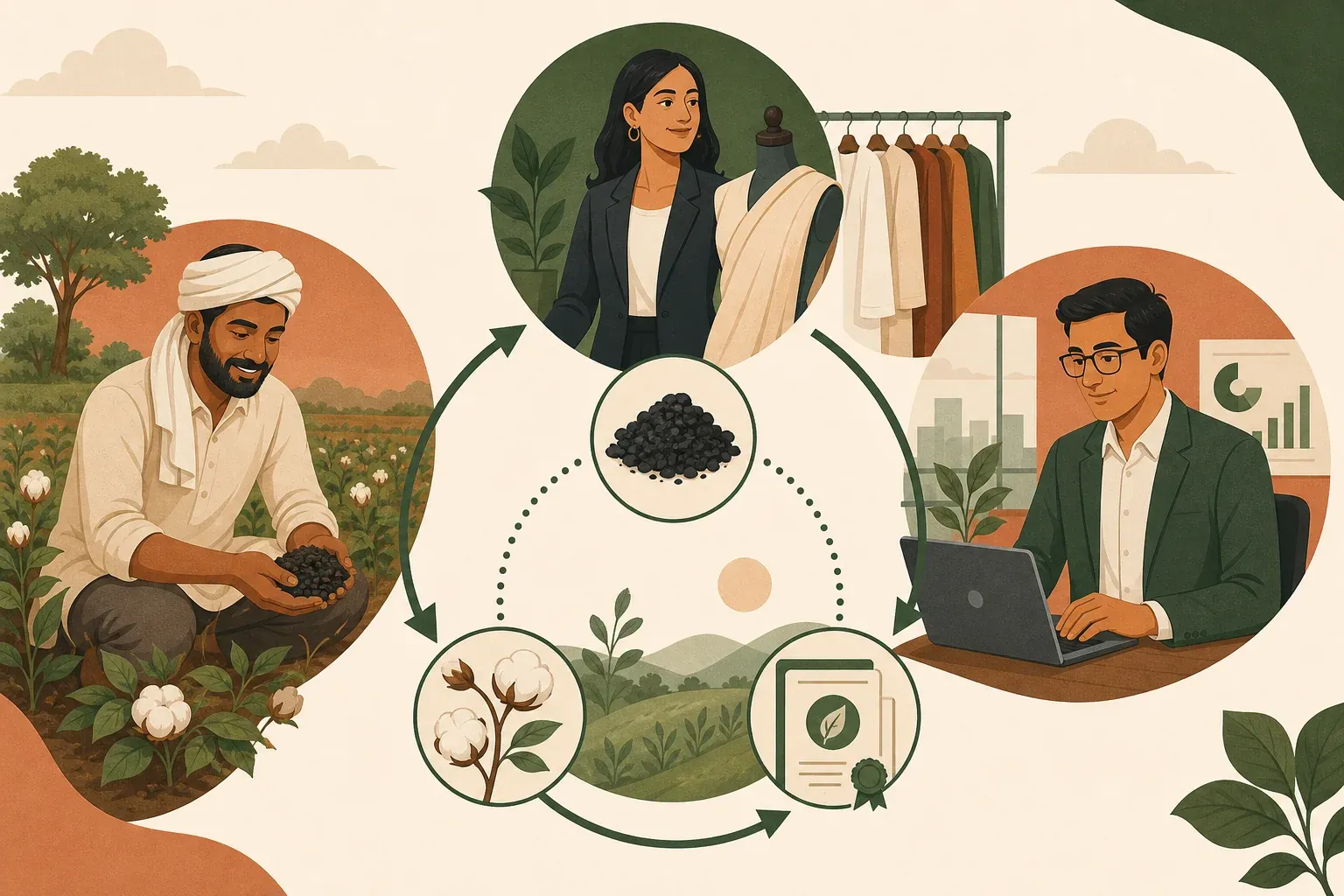 Illustration of a farmer, fashion brand professional, and corporate sustainability analyst connected by a circular supply chain loop with biochar at the center