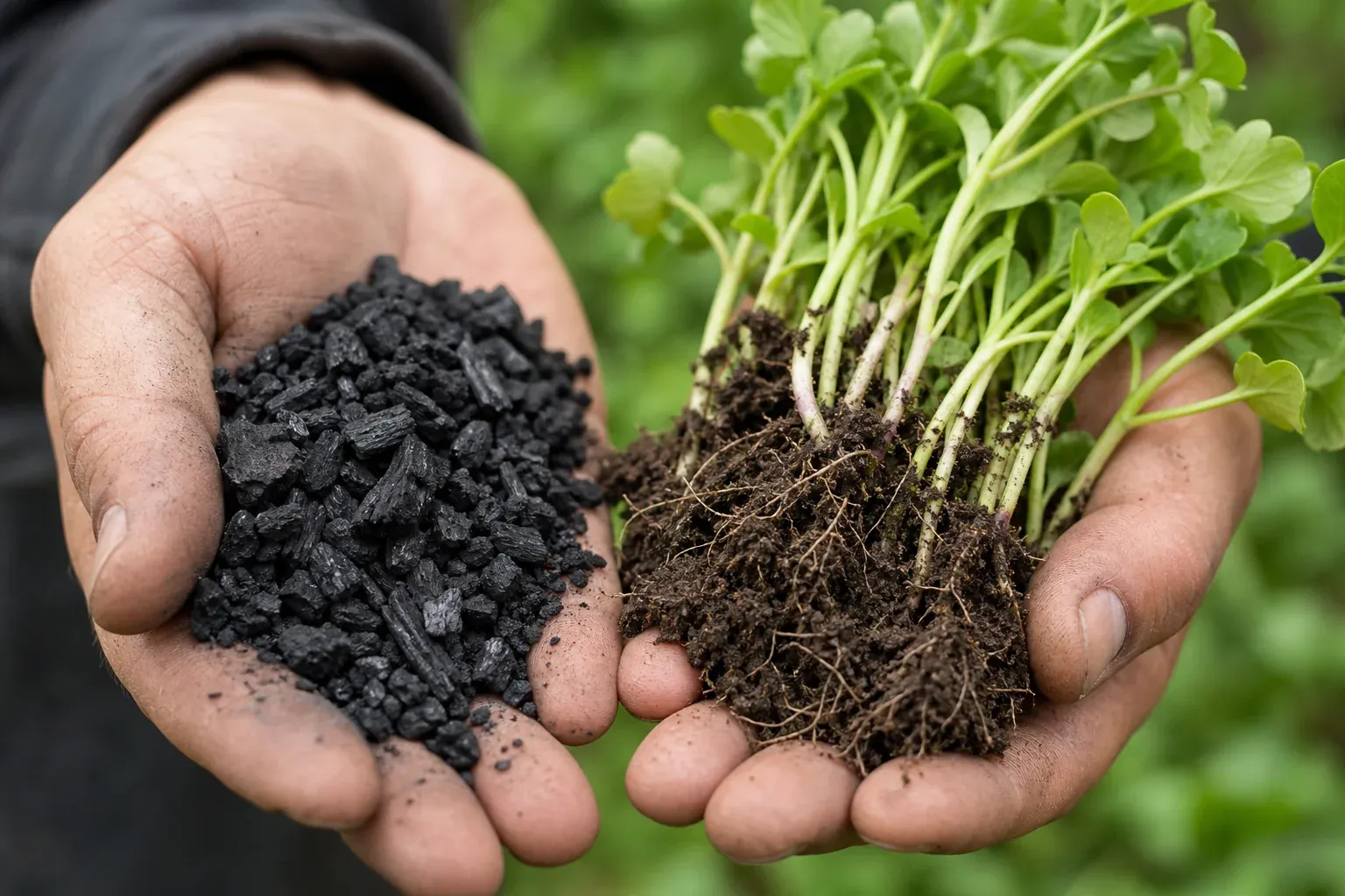 Close-up comparison shot of biochar granules in one hand and cover crop seedlings in the other, representing the two carbon sequestration methods. Photorealistic close-up macro photograph of two cupped hands side by side, the left hand