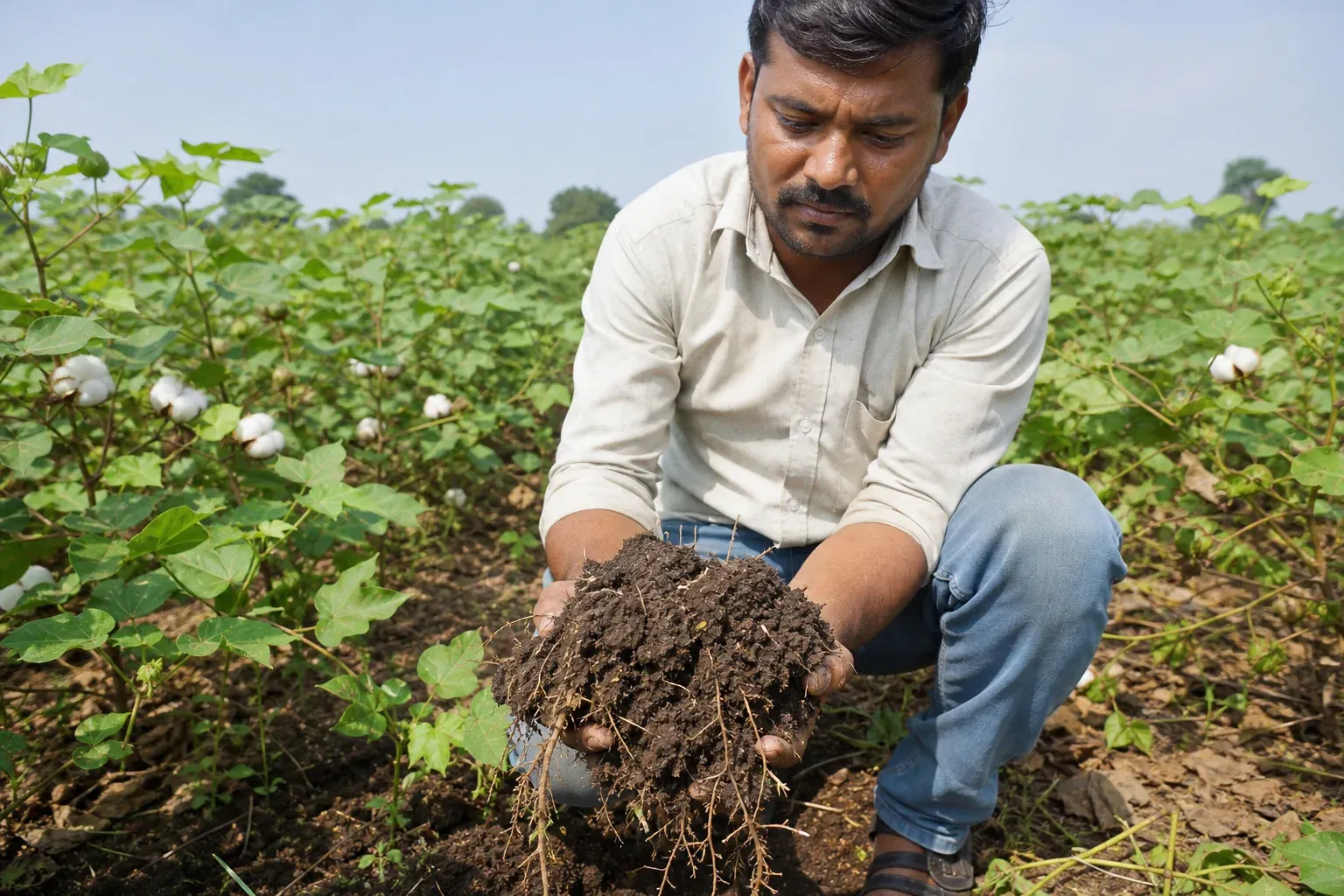 A field technician or agronomist inspecting healthy soil structure in a regenerative cotton field in India, showing visible root systems and dark organic soil. Photorealistic photograph of an agricultural field technician in India kneeling