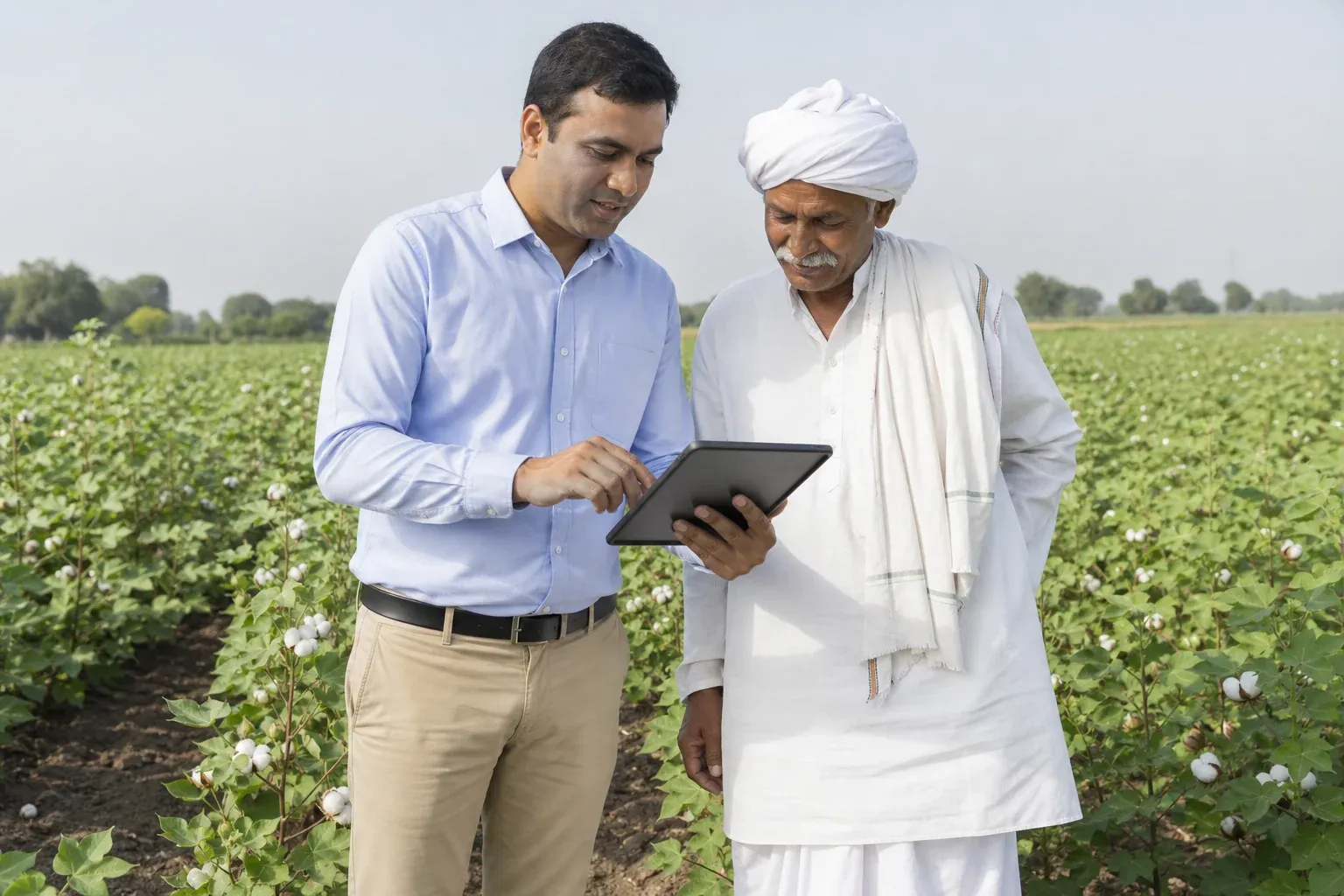 A sustainability consultant and a farm cooperative representative reviewing a tablet with field data in a cotton field setting, symbolizing decision-making between carbon programs. Photorealistic photograph of two people, a sustainability