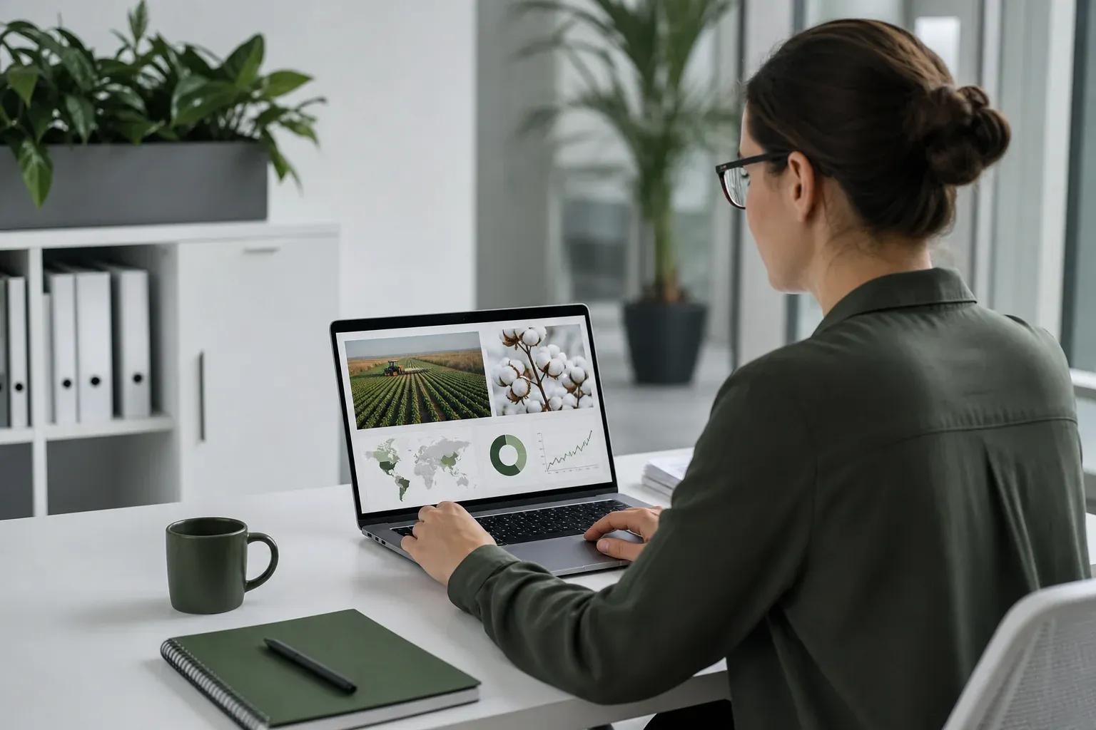 Corporate sustainability team reviewing supply chain data on a laptop with farm imagery visible. Photorealistic photograph of a sustainability professional at a desk reviewing supply chain traceability data on a laptop screen, farm and
