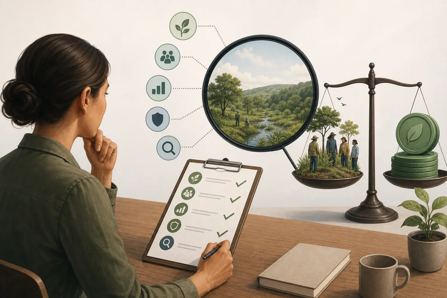Editorial illustration for an article section about How to Evaluate a Regenerative Carbon Credit Supplier Before You Buy. Clean, uncluttered, professional